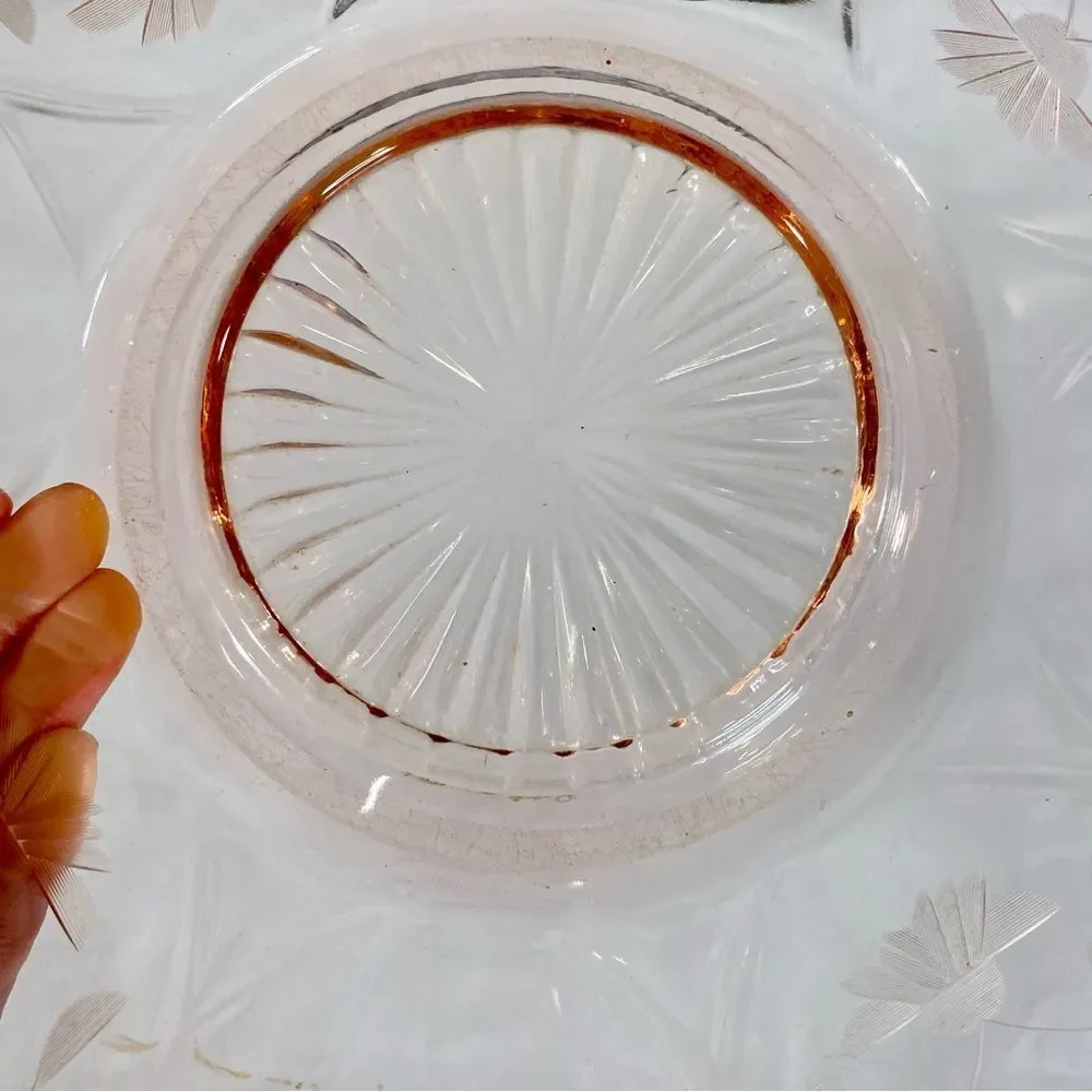 Polygon Shaped Pink Serving Plate Vintage Etched Glass Floral Pattern